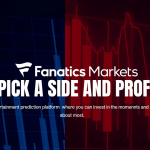 Fanatics Markets 平台主页：巨大的图表背景，印有“PICK A SIDE AND PROFIT”标语，强调其体育和娱乐预测市场，鼓励用户选择一方并获利。
