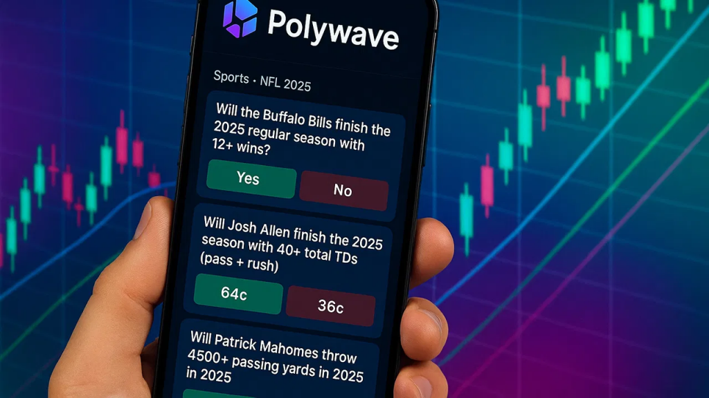 智能手机屏幕上显示的预测市场应用界面，提供“NFL 2025”等体育赛事的事件合约投注选项。