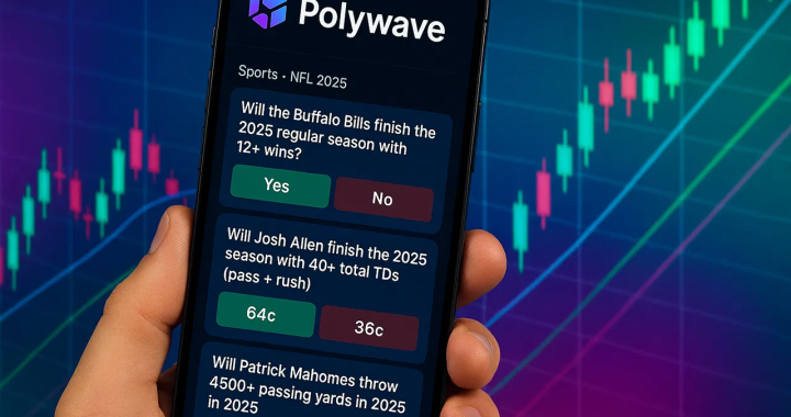 智能手机屏幕上显示的预测市场应用界面，提供“NFL 2025”等体育赛事的事件合约投注选项。