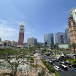 澳门路氹金光大道全景，威尼斯人度假村、巴黎人酒店以及现代化高层建筑群在晴朗天气下的繁忙街景。