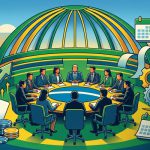 巴西参议院经济事务委员会会议插画：描绘立法者在圆形会议桌前讨论博彩、税收和金融改革，背景是巴西利亚国会大楼穹顶、筹码、扑克牌和上升的经济增长箭头。