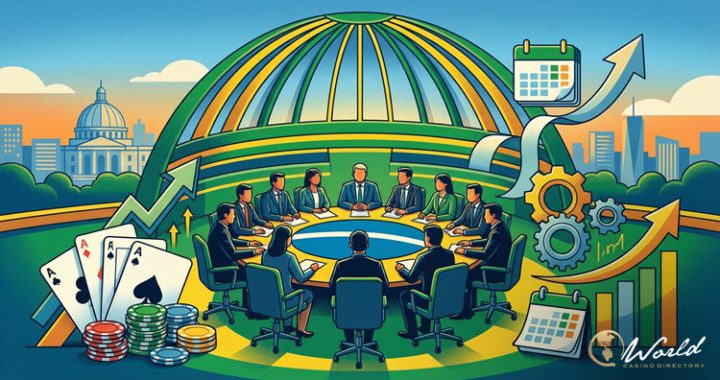 巴西参议院经济事务委员会会议插画：描绘立法者在圆形会议桌前讨论博彩、税收和金融改革，背景是巴西利亚国会大楼穹顶、筹码、扑克牌和上升的经济增长箭头。