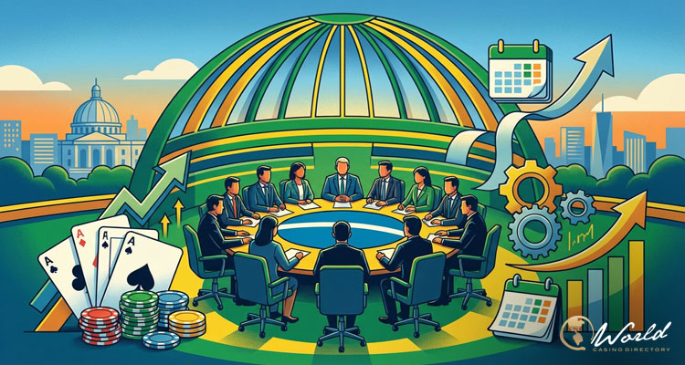 巴西参议院经济事务委员会会议插画：描绘立法者在圆形会议桌前讨论博彩、税收和金融改革，背景是巴西利亚国会大楼穹顶、筹码、扑克牌和上升的经济增长箭头。