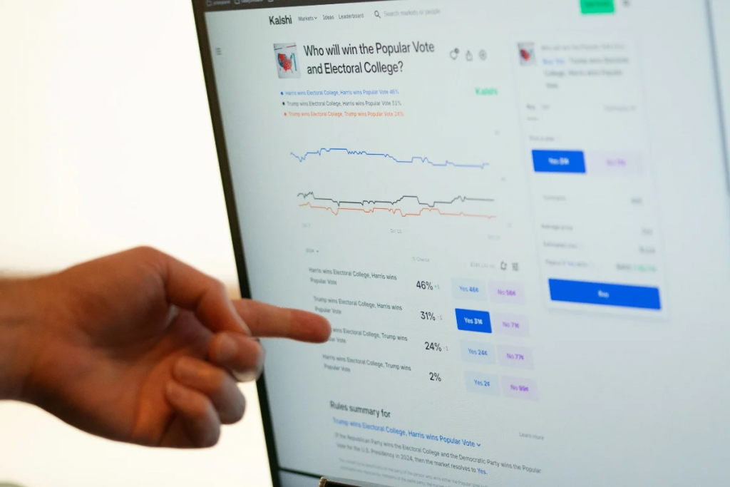 电脑屏幕展示Kalshi预测市场页面，美国博彩协会广告争议