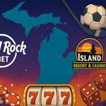 Hard Rock Bet和Island Resort & Casino的标志被放置在密歇根州的地图轮廓上，周围环绕着橄榄球、曲棍球、足球、扑克牌、骰子、筹码和老虎机，象征着在密歇根州推出的在线体育博彩和赌场服务。