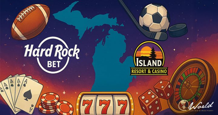Hard Rock Bet和Island Resort & Casino的标志被放置在密歇根州的地图轮廓上，周围环绕着橄榄球、曲棍球、足球、扑克牌、骰子、筹码和老虎机，象征着在密歇根州推出的在线体育博彩和赌场服务。