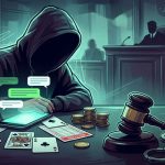 一个戴着帽兜的男子在法庭背景下使用手机，桌上有赌博卡片、筹码、手铐和法官木槌，象征通过WhatsApp进行的非法赌博活动。