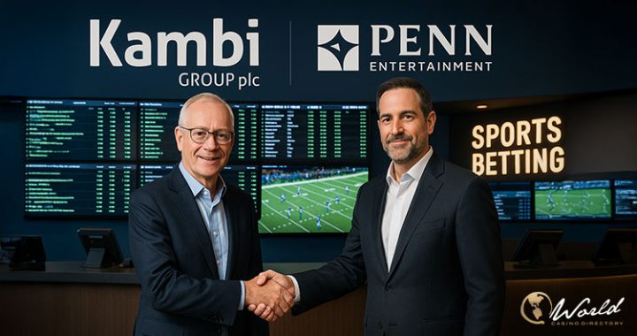 Kambi 与 PENN Entertainment 高层代表在体育博彩运营中心握手庆祝合作延期的现场照片。