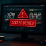 非法赌博网站被封锁): 电脑屏幕显示“ACCESS DENIED”（访问被拒绝）的红色警告标志，背景为在线赌博界面的老虎机和扑克牌，象征着非法赌博网站被监管机构封锁。