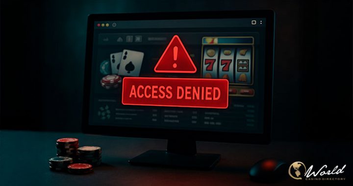非法赌博网站被封锁): 电脑屏幕显示“ACCESS DENIED”（访问被拒绝）的红色警告标志，背景为在线赌博界面的老虎机和扑克牌，象征着非法赌博网站被监管机构封锁。