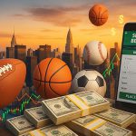 纽约市为背景的体育博彩概念图，前景有美式足球、篮球、棒球和足球等体育用球，以及手机上的体育博彩界面和成堆的美元现金，象征纽约州线上体育博彩市场的巨大收入和规模。