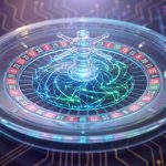 SkillOnNet推出的GAIA Roulette游戏界面，透明轮盘中间闪耀着由GPT-4.1 Mini驱动的AI神经网络图案，象征着全球首款人工智能RNG轮盘游戏。