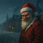 Peter & Sons《坏圣诞老人》游戏画面：一个面露邪恶笑容、留着白胡子的圣诞老人在下雪的冬季街道上背着一个袋子。