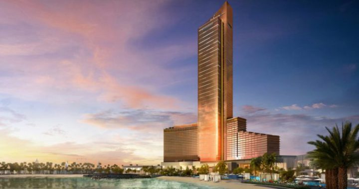 永利阿尔玛尔詹岛综合度假村效果图，一座宏伟的摩天大楼矗立在阿联酋拉斯海玛的人工岛上，该项目正在建设中，将成为阿联酋首个带赌场的综合度假村