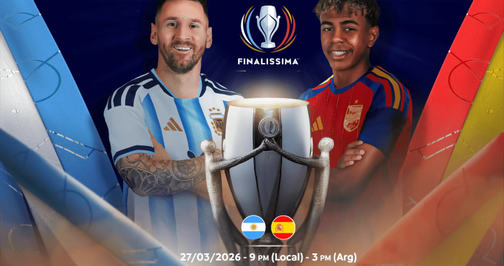 梅西与西班牙球员在2026欧美杯宣传海报中对峙，背景为卢赛尔体育场奖杯