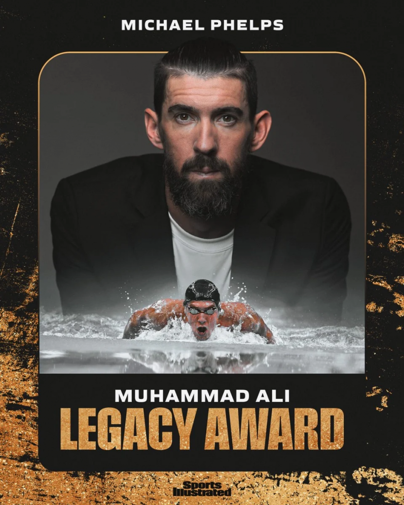 迈克尔·菲尔普斯荣获穆罕默德·阿里遗产奖宣传图。