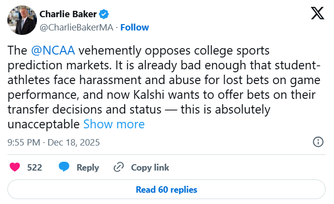 NCAA主席查理·贝克 X 发文截图