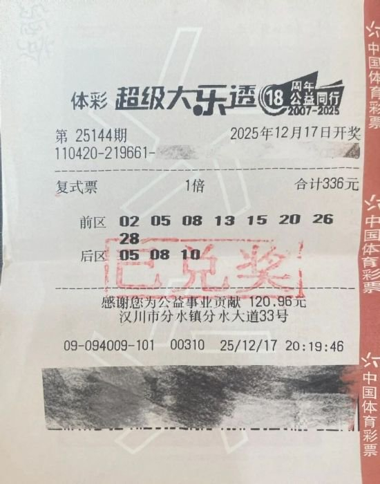 中奖彩票，开奖号码为前区02、05、13、15、28，后区05、08