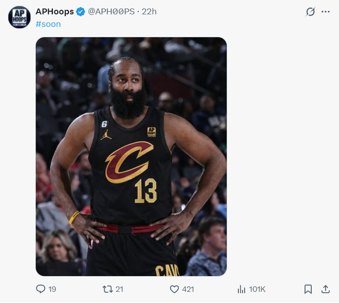 哈登穿着骑士球衣的合成照引发热议。