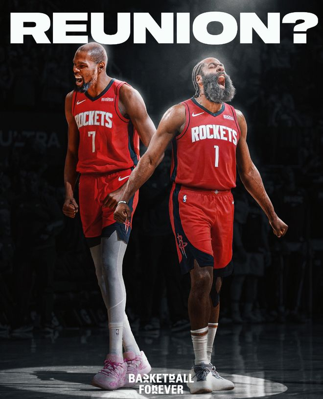 快船自媒体APHoops发布哈登与杜兰特身穿火箭球衣合成图