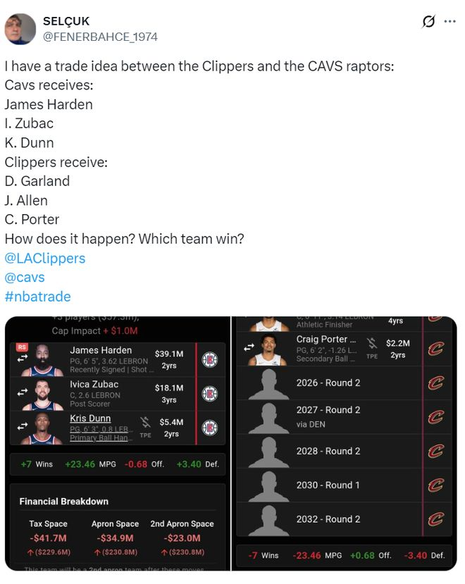 球迷模拟哈登与加兰、阿伦互换的8换3交易方案截图。