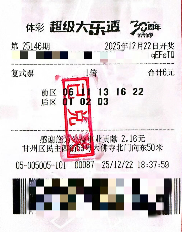前区06、11、13、16、22及后区01、02、03的6元复式票，一举斩获头奖。