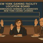 纽约州博彩设施选址委员会成员在会议上举手表决赌场牌照