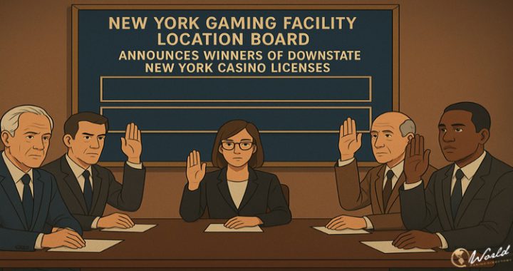 纽约州博彩设施选址委员会成员在会议上举手表决赌场牌照