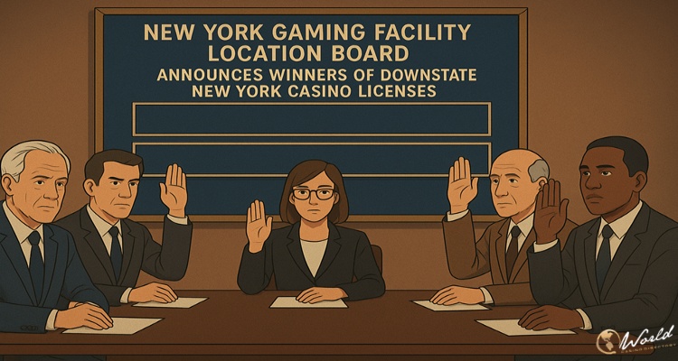 纽约州博彩设施选址委员会成员在会议上举手表决赌场牌照