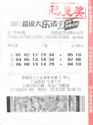 大乐透中奖彩票展示：6元单式票中千万