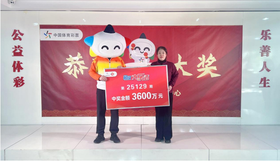 山西大乐透3600万中奖者在体彩中心兑奖，与吉祥物合影并展示3600万元中奖金额牌，牌上写有“第25129期中奖金额3600万元”。