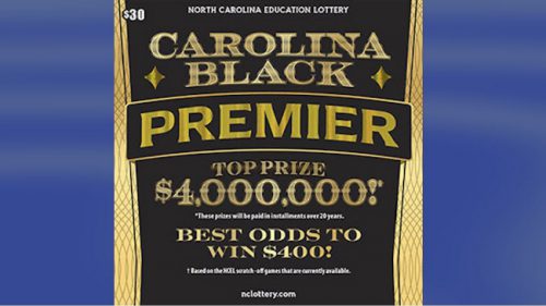 北卡教育彩票“卡罗来纳黑金超级彩票”刮刮卡图片,显示票价$30和最高奖金$4,000,000。