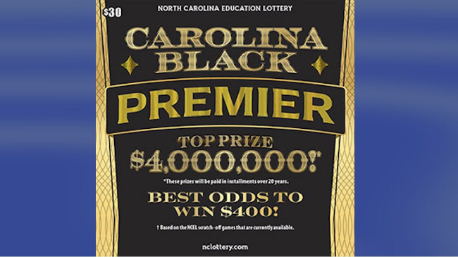 北卡教育彩票“卡罗来纳黑金超级彩票”刮刮卡图片，显示票价$30和最高奖金$4,000,000。
