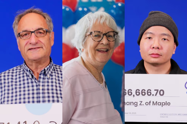三位加拿大乐透6/49大奖得主肖像：左起为74岁迪马蒂尔、第二位得主范登博斯、以及华裔得主曾世章（音译）。他们共同平分了2535万人民币巨奖。