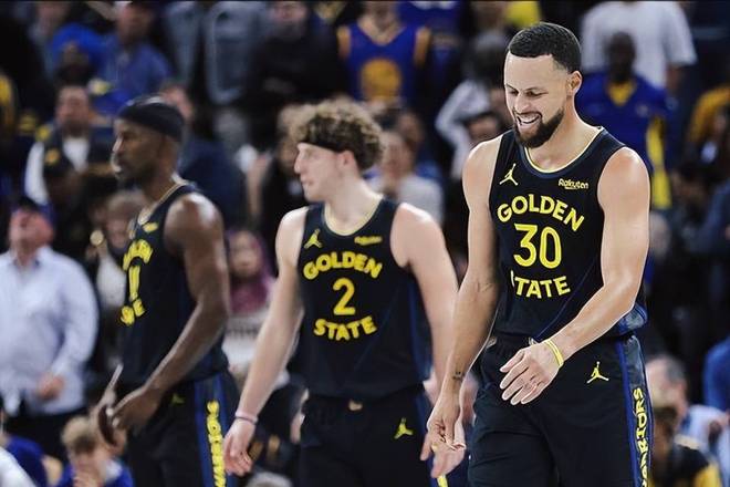 NBA 球员 EPM 数据对比图表显示，勇士队斯蒂芬·库里（Stephen Curry）的第三得分点队友平均得分仅为 12.4 分，在联盟前十巨星搭档中排名垫底。