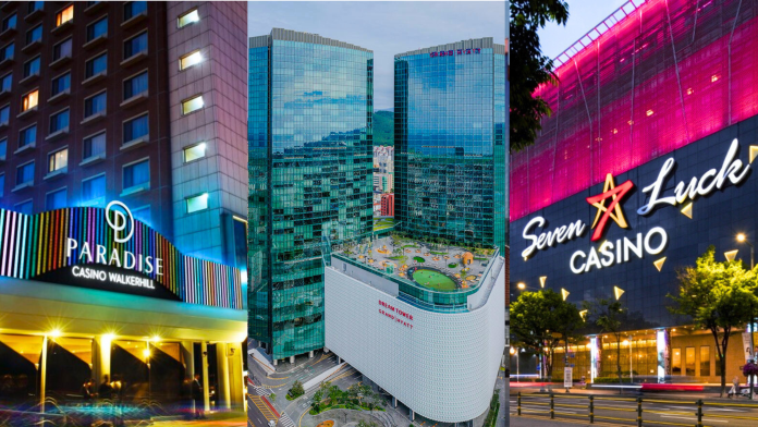 韩国三间外国人专用赌场建筑物的拼图：左侧是百乐达斯（Paradise Casino Walkerhill），中间是济州天城度假村（Dream Tower Grand Hyatt），右侧是七乐赌场（Seven Luck Casino）。