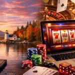 湖畔风景与笔记本老虎机画面，指向在线赌场话题