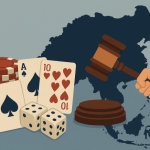 亚洲地图与法槌筹码示意图，博彩监管收紧