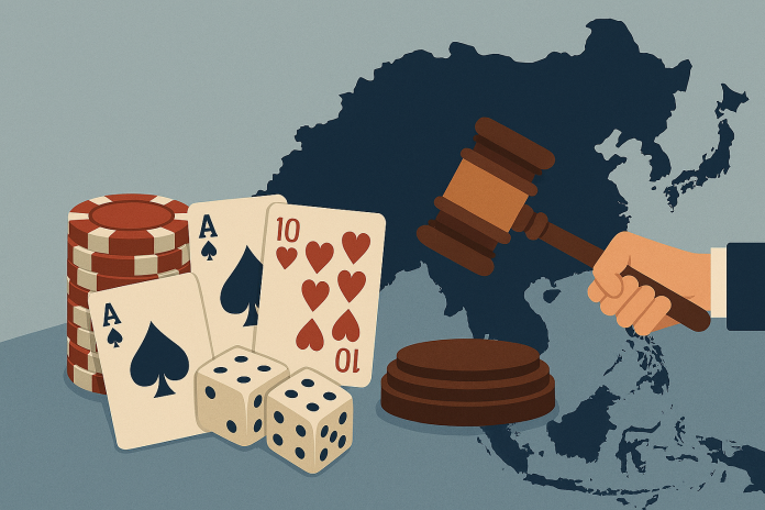亚洲地图与法槌筹码示意图，博彩监管收紧