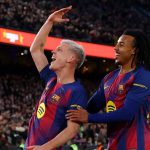 巴萨球员庆祝进球 西甲榜首战