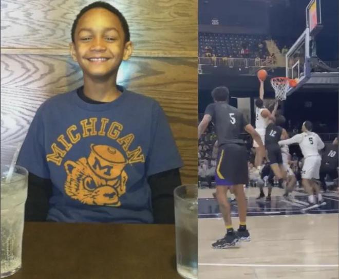 童年穿密歇根T恤照片与比赛上篮画面对比