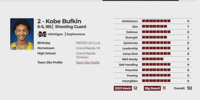 选秀报告评分条与信息截图,湖人巴夫金资料