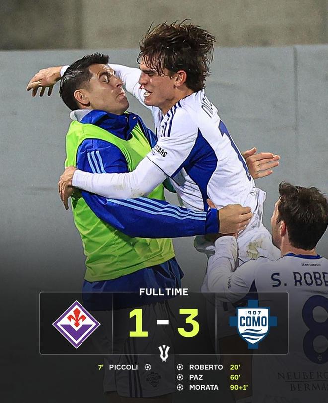 比分图显示佛罗伦萨1比3科莫 意大利杯赛果