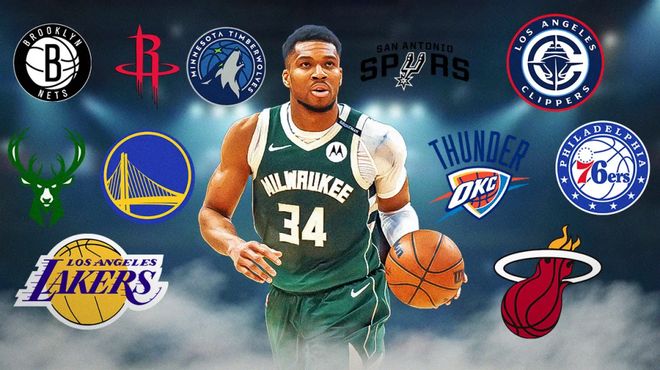 字母哥身穿雄鹿球衣与多支NBA球队标志合成画面