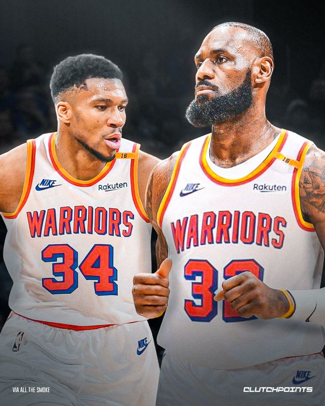 字母哥与詹姆斯穿勇士球衣合成图，引援想象