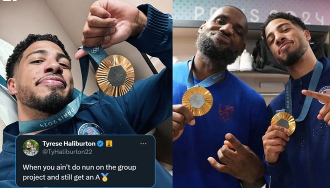 哈利伯顿与詹姆斯展示奥运金牌合影