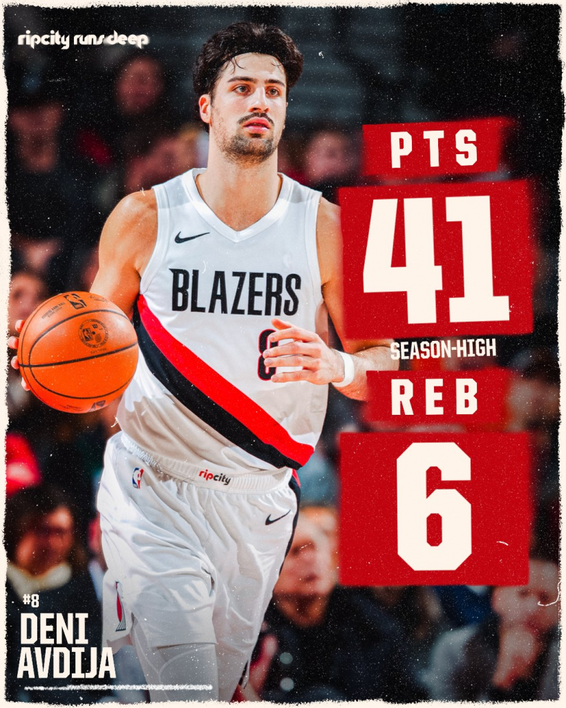 阿夫迪亚出战39分钟，24投13中，三分9中2、罚球15中13，砍下41分外加6篮板2助攻。