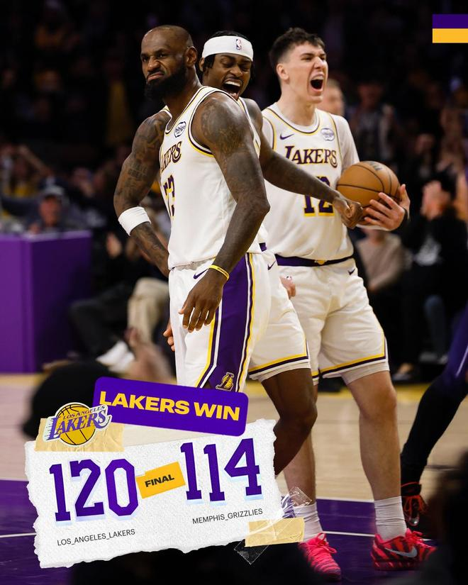 湖人胜利海报显示120-114终场比分，詹姆斯与队友庆祝