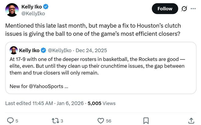 火箭队记Kelly Iko也说出一番大实话：“早在上个月我就曾说过，火箭队解决关键时刻的方式就是将球交给最高效终结者之一的杜兰特。”