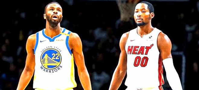 库明加与维金斯身穿不同球队球衣的对比画面